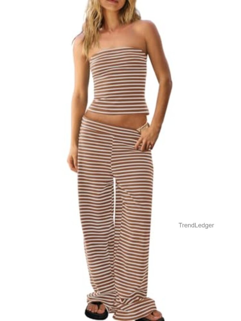 Striped Strapless Tube Top & Wide Leg Pants Two Piece Set Lounge Wear Summer